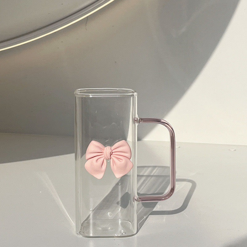 350ml Square Mug with Lid & Straw Cute Bow Handle Water Cup for Milk, Coffee & Juice Aesthetic Gift for Girls & Women