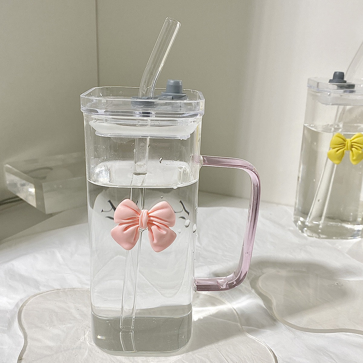 350ml Square Mug with Lid & Straw Cute Bow Handle Water Cup for Milk, Coffee & Juice Aesthetic Gift for Girls & Women