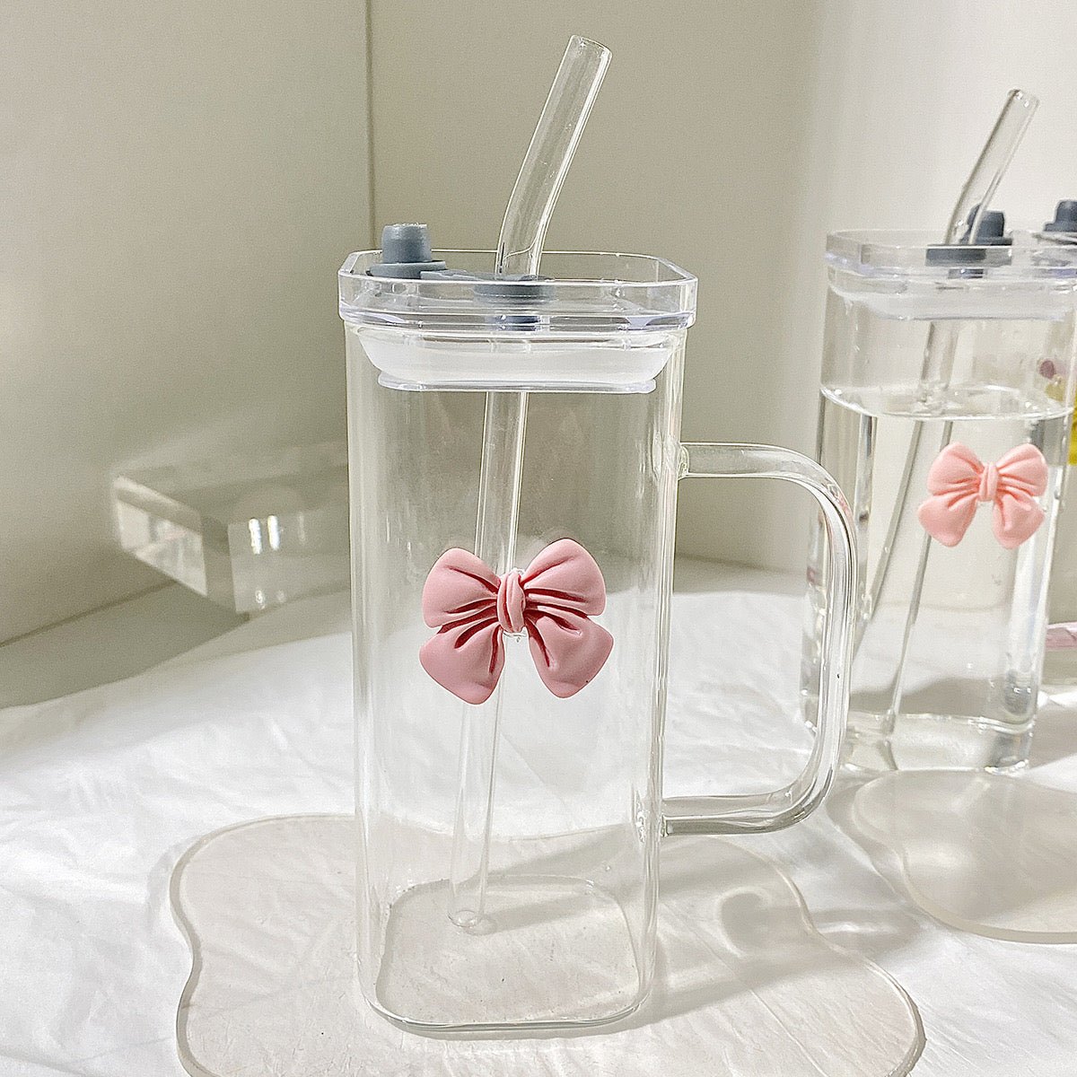 350ml Square Mug with Lid & Straw Cute Bow Handle Water Cup for Milk, Coffee & Juice Aesthetic Gift for Girls & Women
