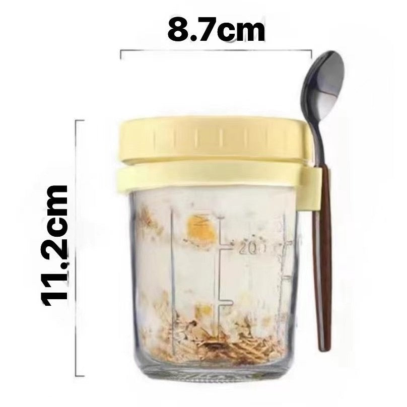 High Value Oat Breakfast Glass Cup Transparent Mug with Lid, Spoon & Scale Leakproof Multi-Color Jar for Yogurt, Cereal & Smoothies