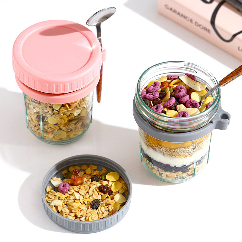 High Value Oat Breakfast Glass Cup Transparent Mug with Lid, Spoon & Scale Leakproof Multi-Color Jar for Yogurt, Cereal & Smoothies