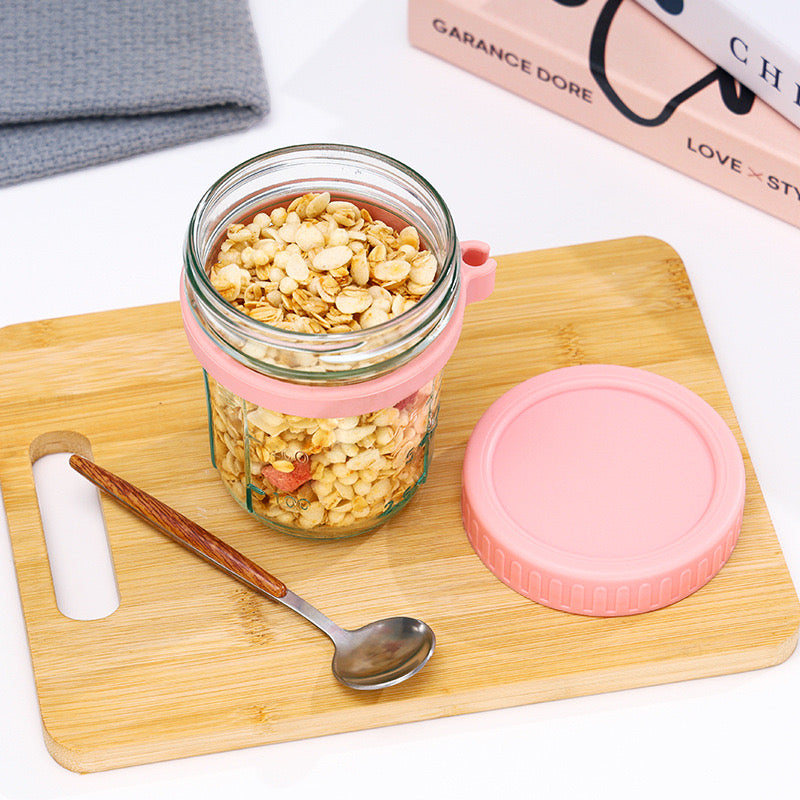 High Value Oat Breakfast Glass Cup Transparent Mug with Lid, Spoon & Scale Leakproof Multi-Color Jar for Yogurt, Cereal & Smoothies