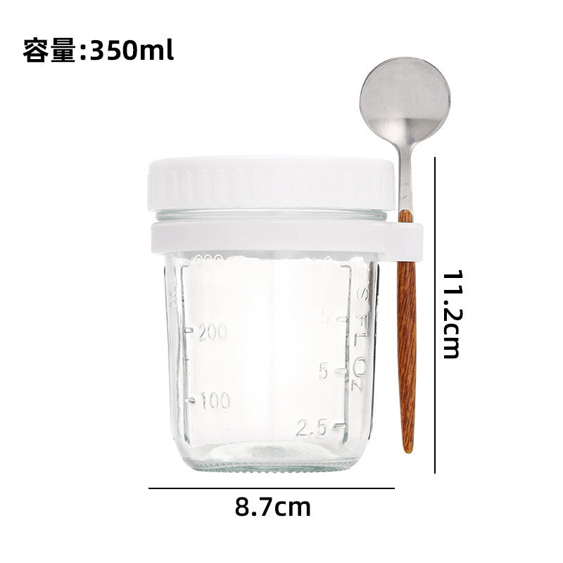 High Value Oat Breakfast Glass Cup Transparent Mug with Lid, Spoon & Scale Leakproof Multi-Color Jar for Yogurt, Cereal & Smoothies