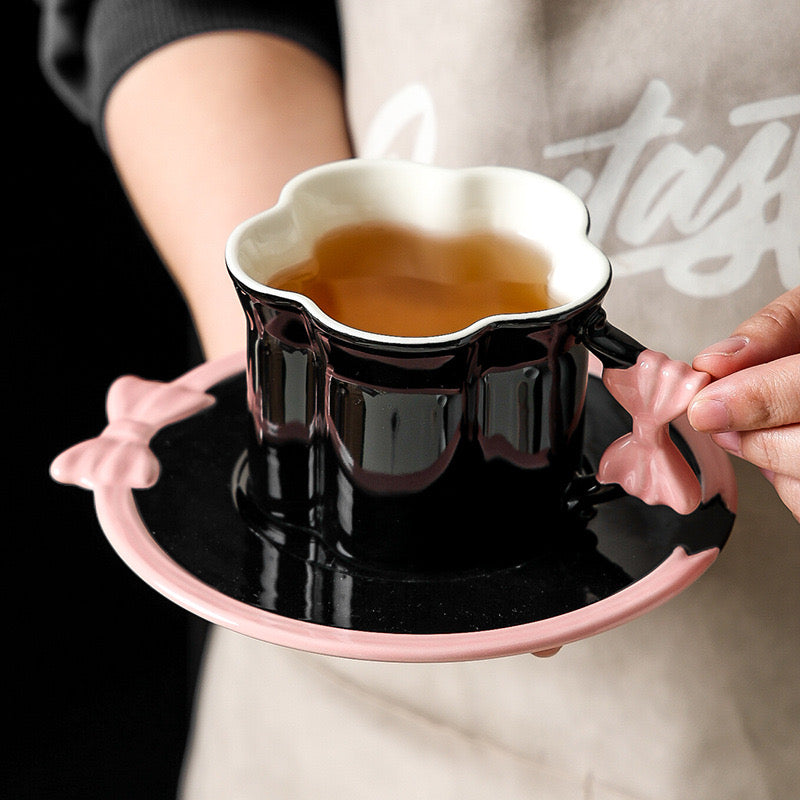 Ceramic Pink Heart Coffee Cup & Saucer Delicate Girl Teacup with Relief Handle Aesthetic Mug for Espresso, Breakfast & Tea