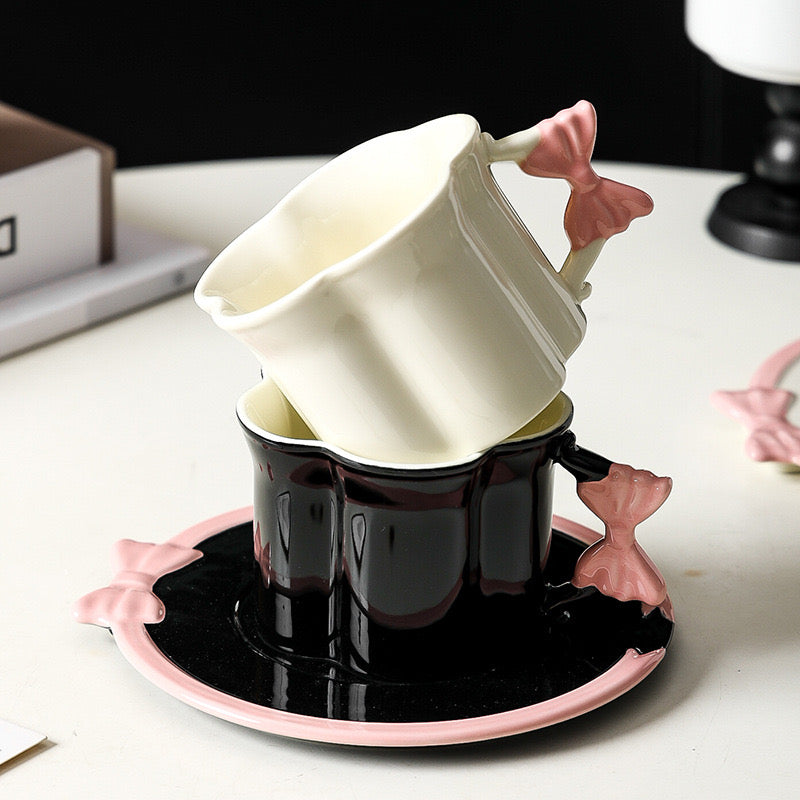 Ceramic Pink Heart Coffee Cup & Saucer Delicate Girl Teacup with Relief Handle Aesthetic Mug for Espresso, Breakfast & Tea