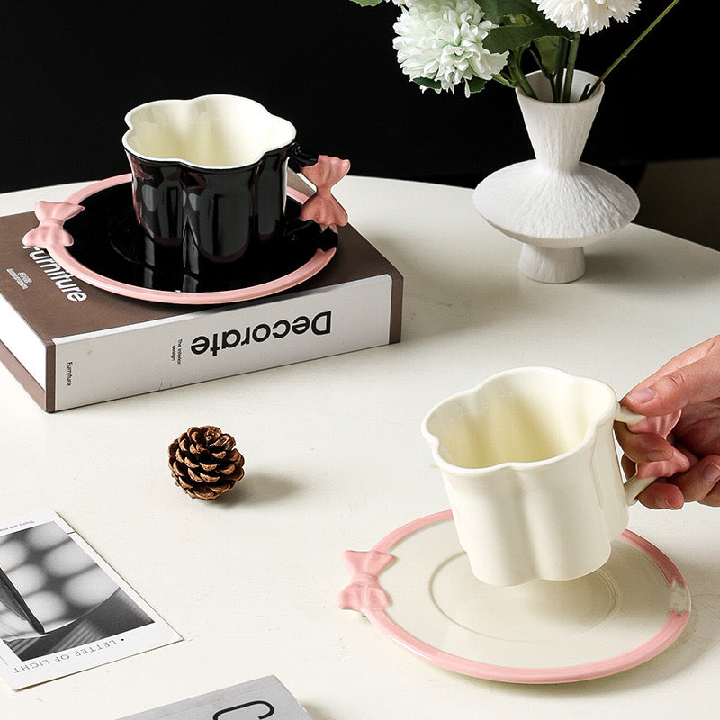 Ceramic Pink Heart Coffee Cup & Saucer Delicate Girl Teacup with Relief Handle Aesthetic Mug for Espresso, Breakfast & Tea