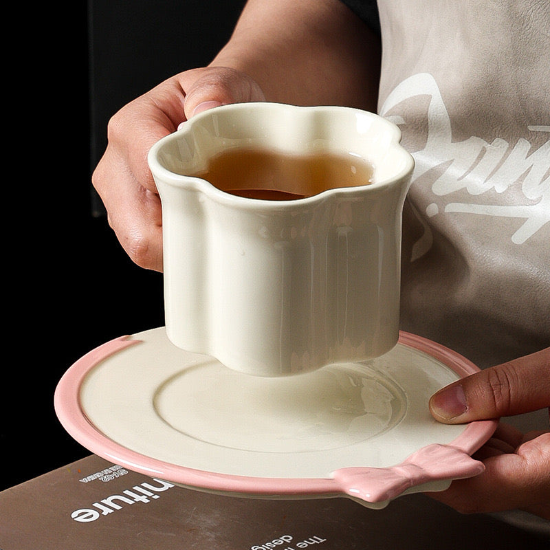 Ceramic Pink Heart Coffee Cup & Saucer Delicate Girl Teacup with Relief Handle Aesthetic Mug for Espresso, Breakfast & Tea