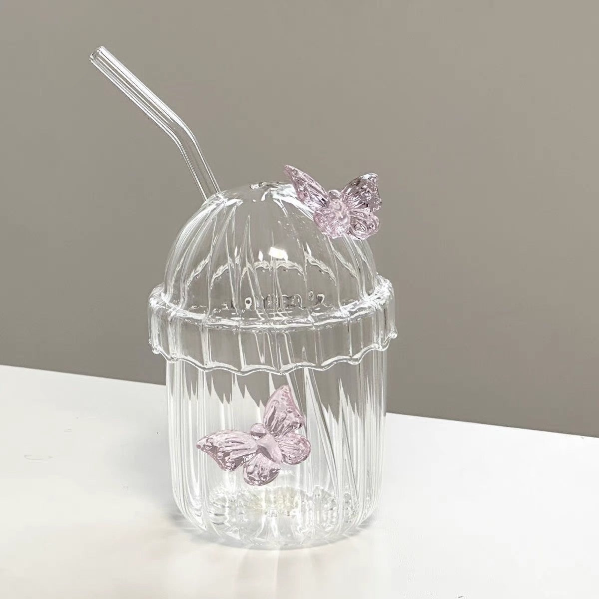 400ml Butterfly Glass Cup with Lid & Straw Aesthetic Round Drinkware for Coffee, Milk, Juice & Iced Drinks