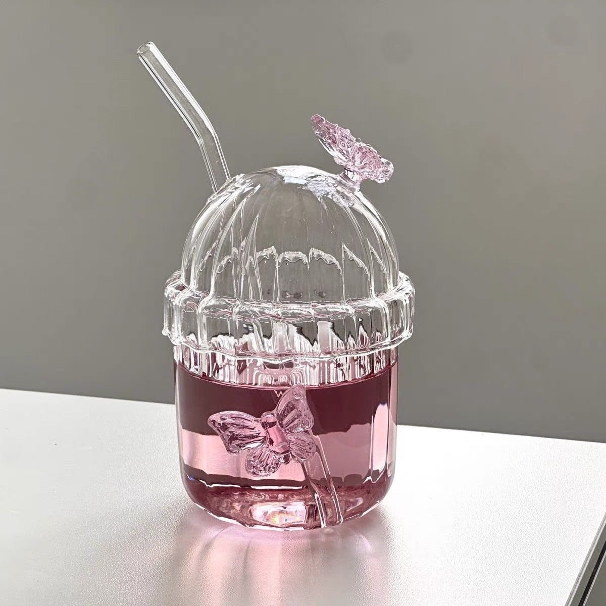 400ml Butterfly Glass Cup with Lid & Straw Aesthetic Round Drinkware for Coffee, Milk, Juice & Iced Drinks