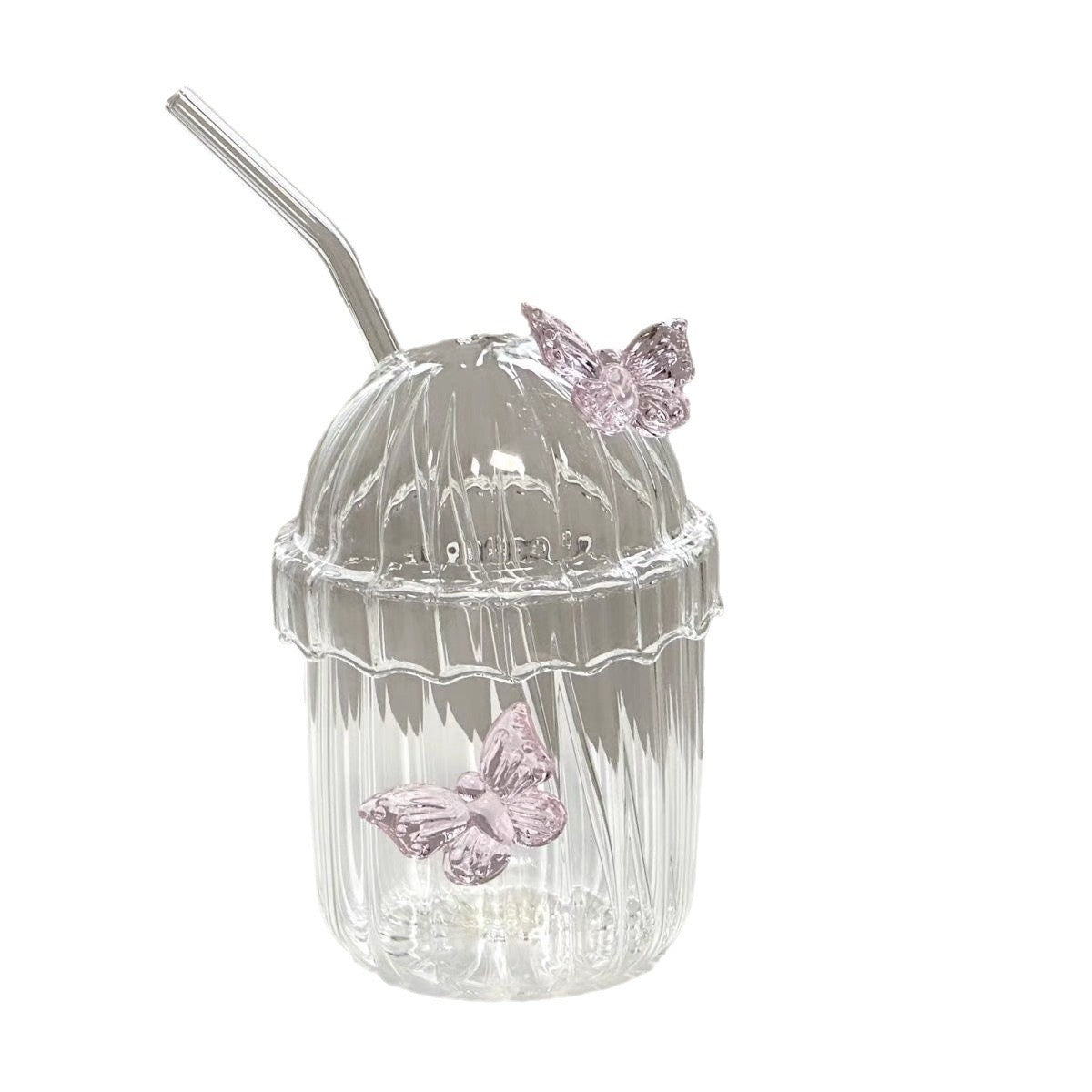 400ml Butterfly Glass Cup with Lid & Straw Aesthetic Round Drinkware for Coffee, Milk, Juice & Iced Drinks