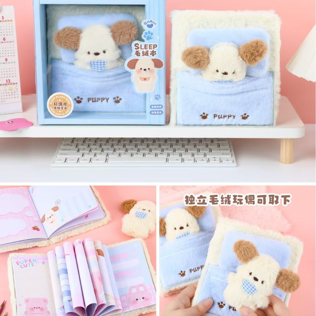 Kawaii Sleeping Puppy Fuzzy Notebook  Removable Plush plus Pastel Pages