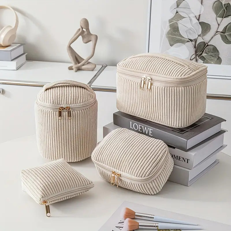 4-Piece Cosmetic Storage Bag Set Quilted & Corduroy Travel Organizer Pouches