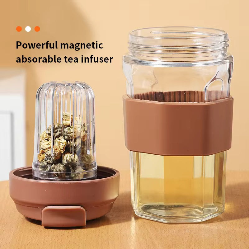 Tritan Long Infuser Borosilicate Glass Bottle Magnetic Tea & Coffee Cup with Silicone Sleeve