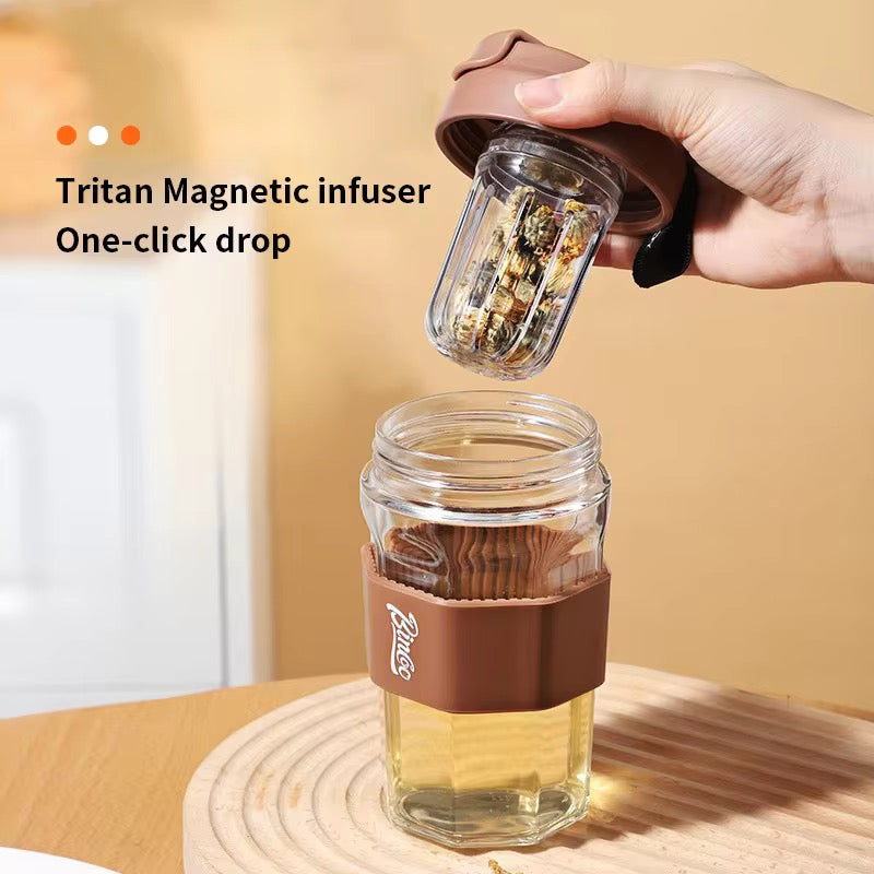 Tritan Long Infuser Borosilicate Glass Bottle Magnetic Tea & Coffee Cup with Silicone Sleeve