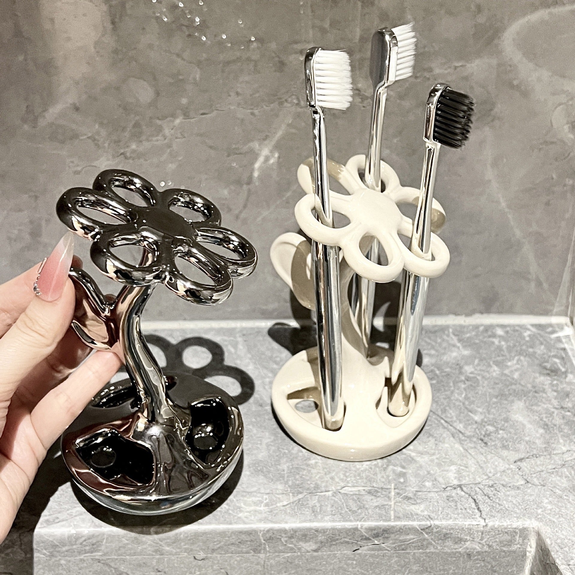 Ceramic Flower Toothbrush Holder Multifunctional Bathroom Organizer Stand  Compact & Stable Floral Sink Accessory