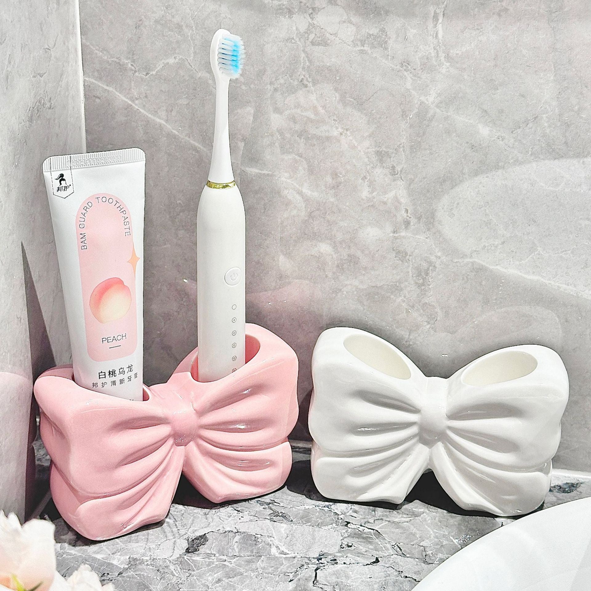 Creative Ceramic Bow Toothbrush Holder Cute Toothpaste Storage Rack for Bathroom Vanity Aesthetic Brush Organizer Ornament