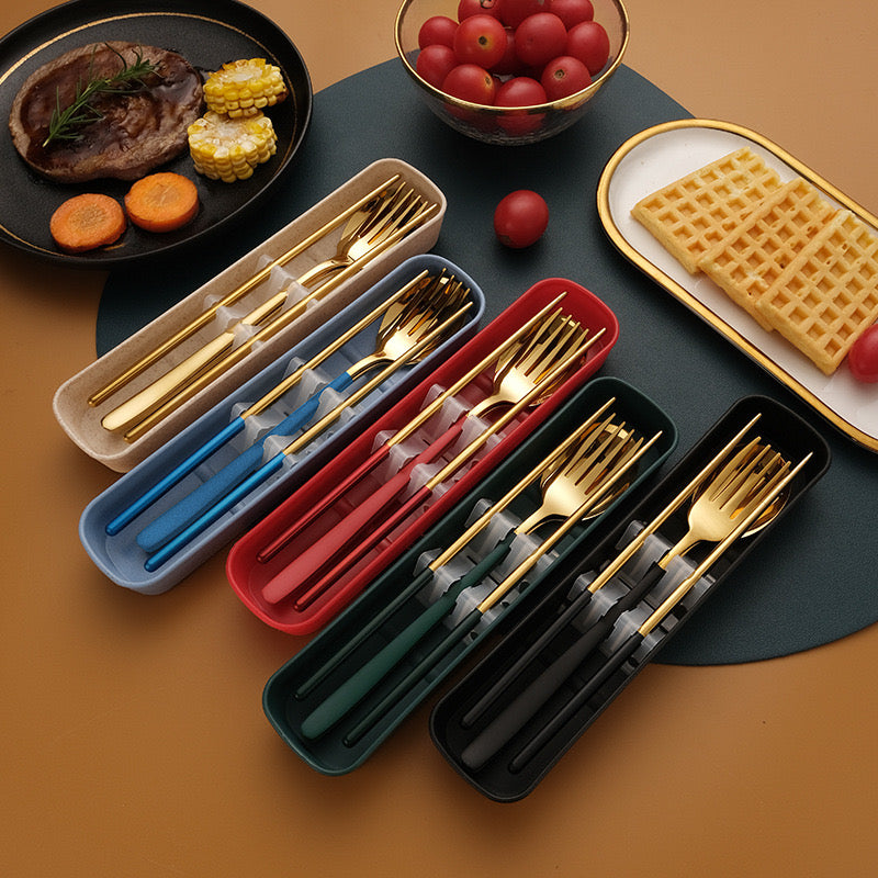 Thin Portuguese Stainless Steel Cutlery Set Portable Chopsticks Fork & Spoon for Students Travel & Outdoor Dining