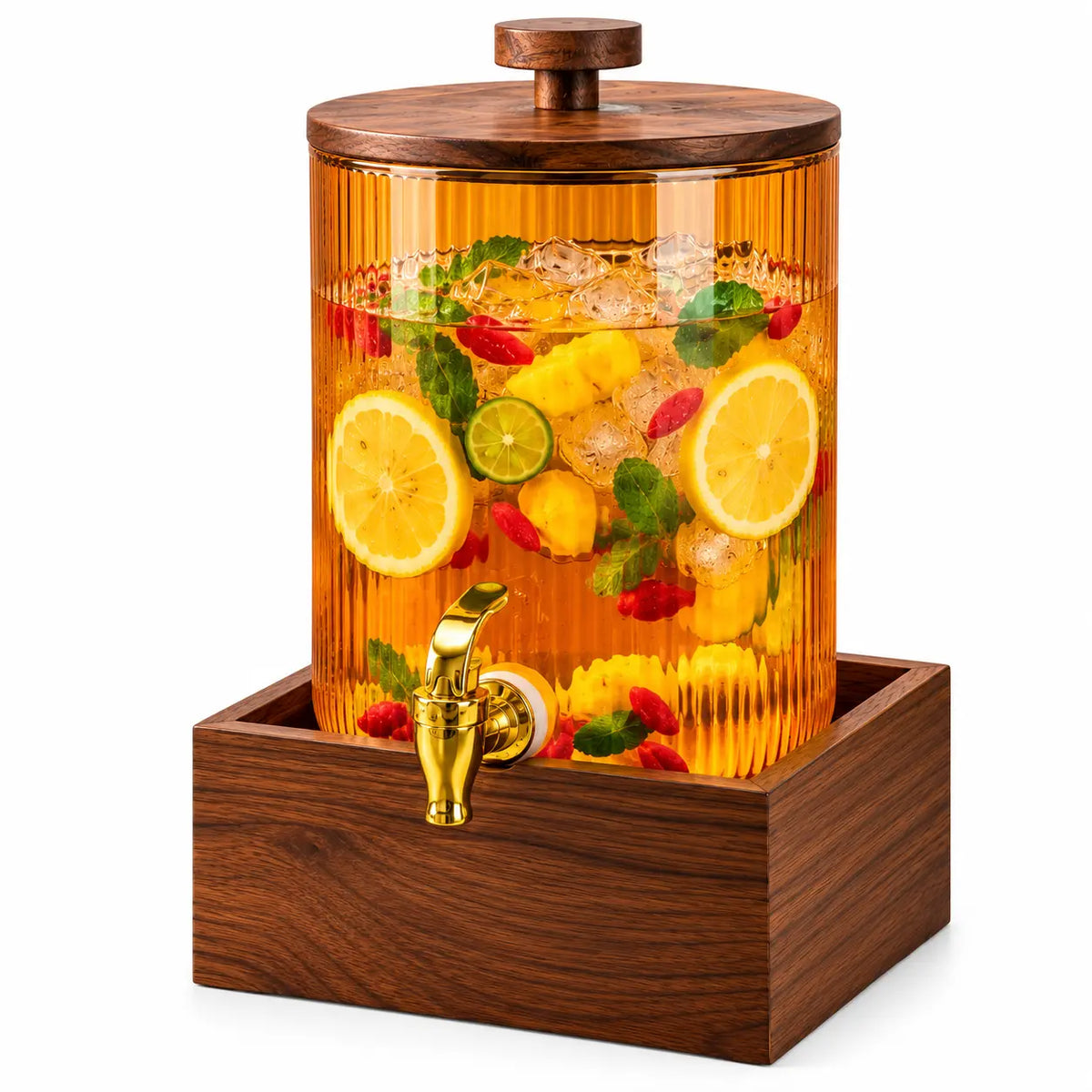 Luxury Ribbed Glass Beverage Dispenser with Wooden Lid, Gold Tap & Wooden Stand 3.6L