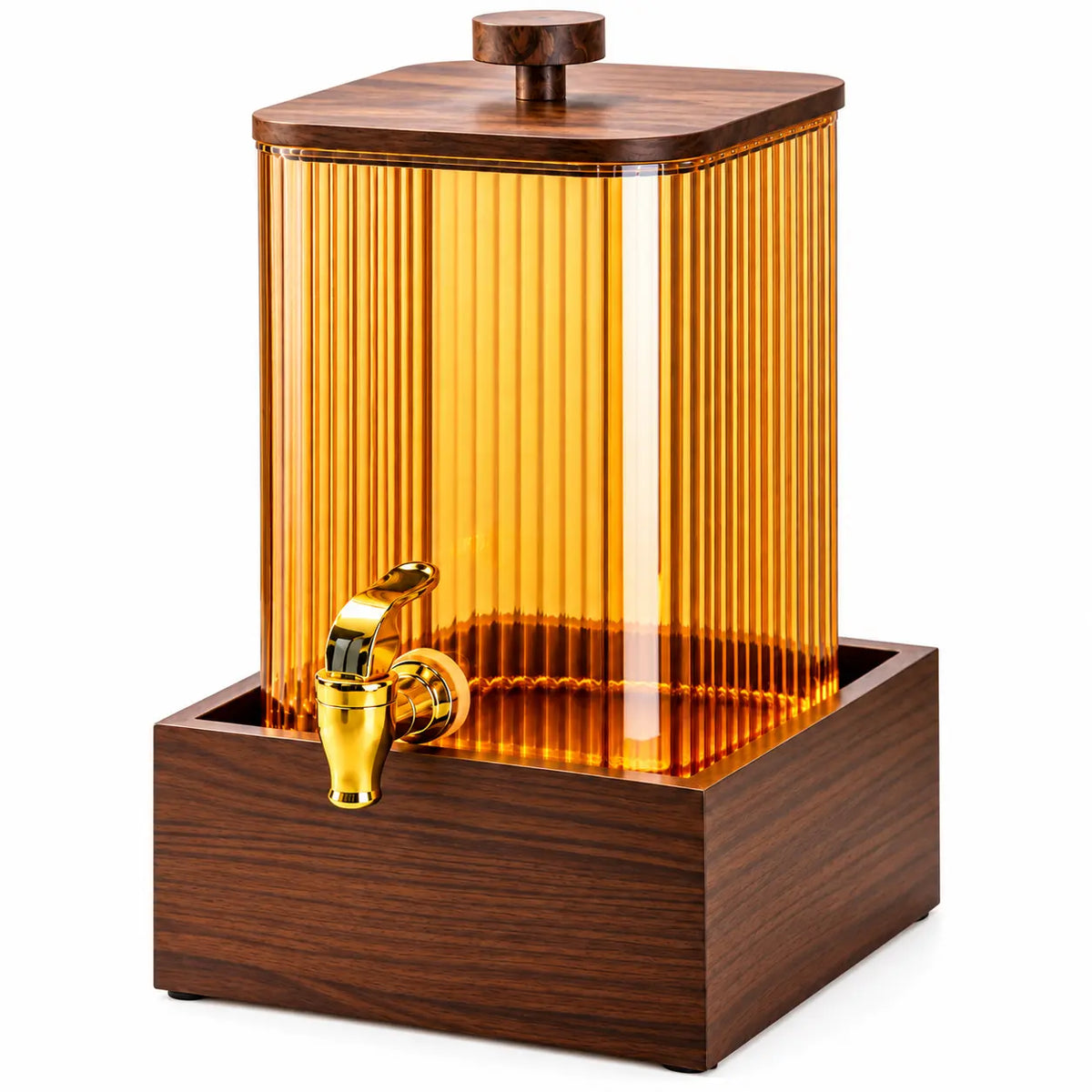 Luxury Ribbed Glass Beverage Dispenser with Wooden Lid, Gold Tap & Wooden Stand 4.2L