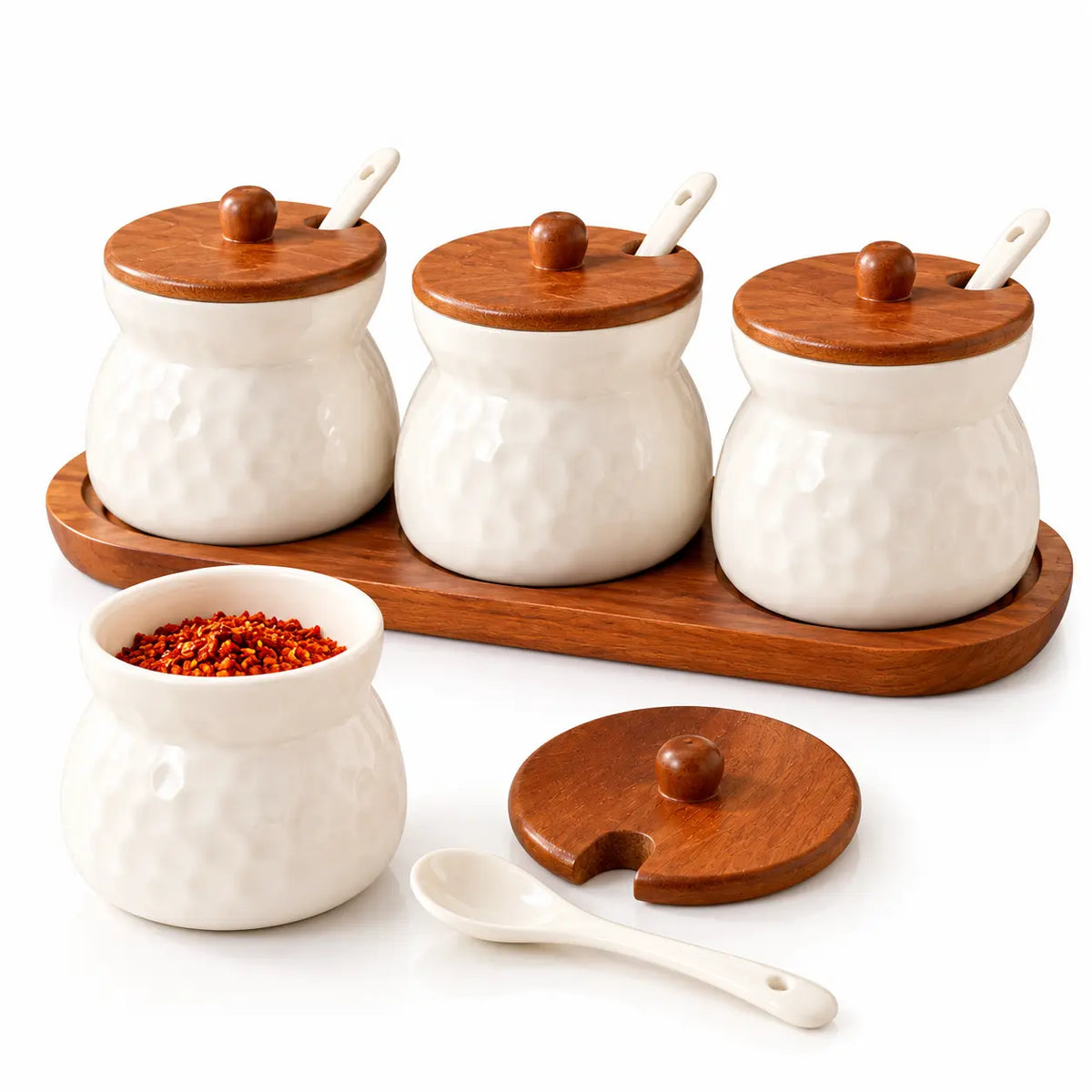 Premium 3-Piece Ceramic Spice Jar Set with Wooden Lids, Spoons & Wooden Tray
