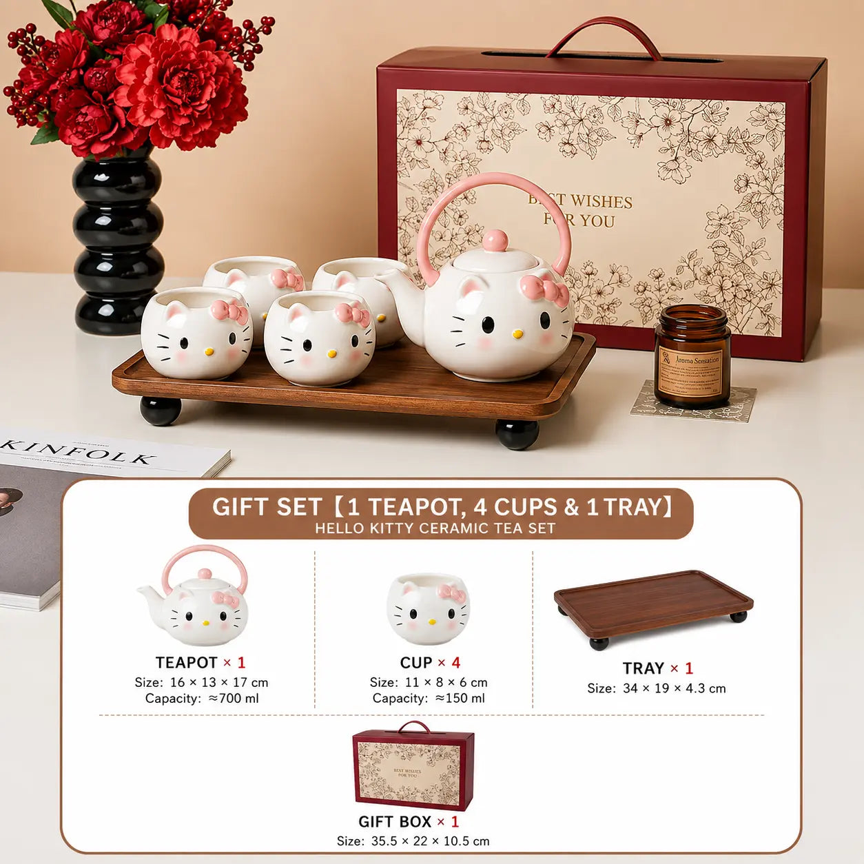 Cute Cat Ceramic Tea Set with Teapot & 4 Cups Gift Box Set