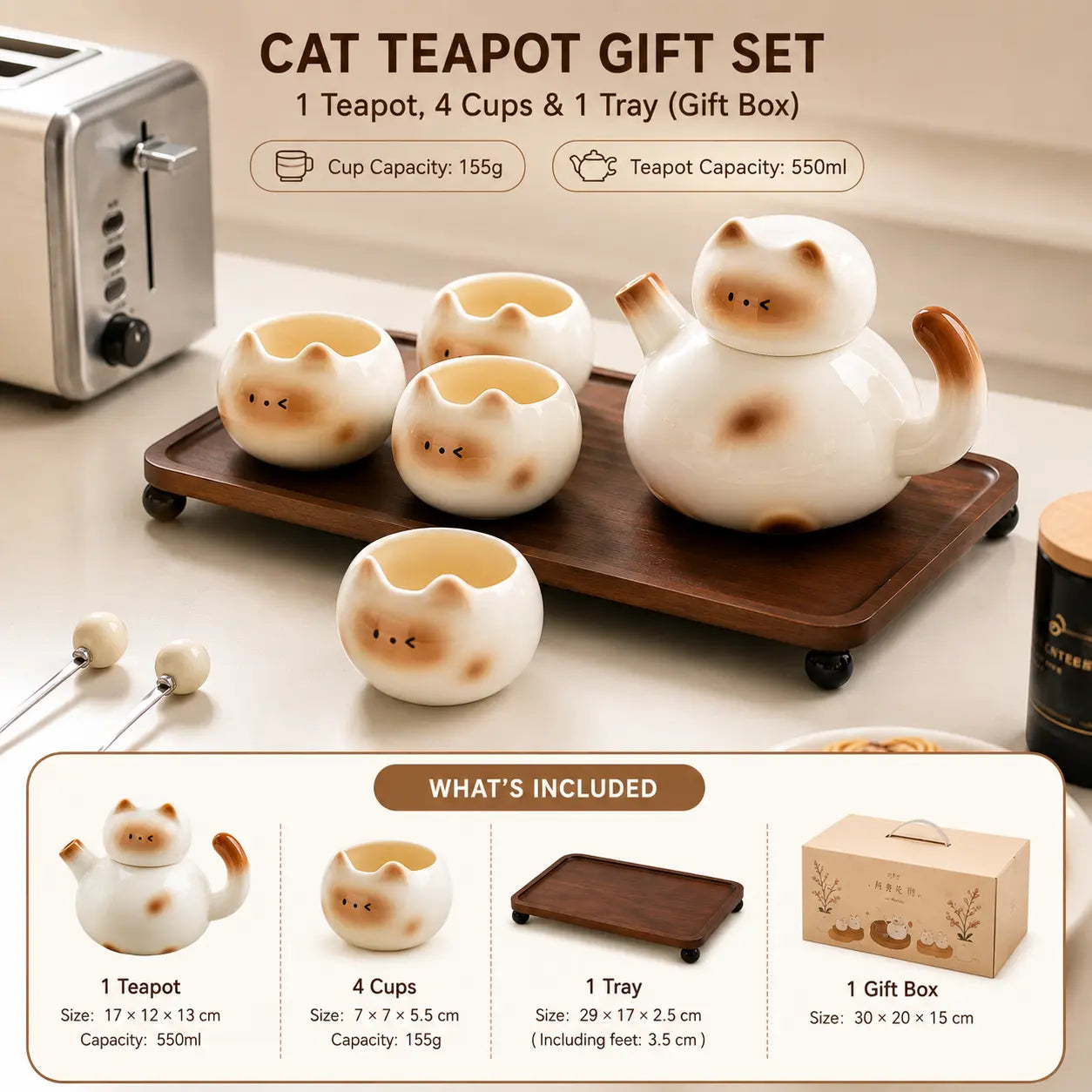 Cute Chubby Cat Ceramic Tea Set with Teapot & 4 Cups Gift Set