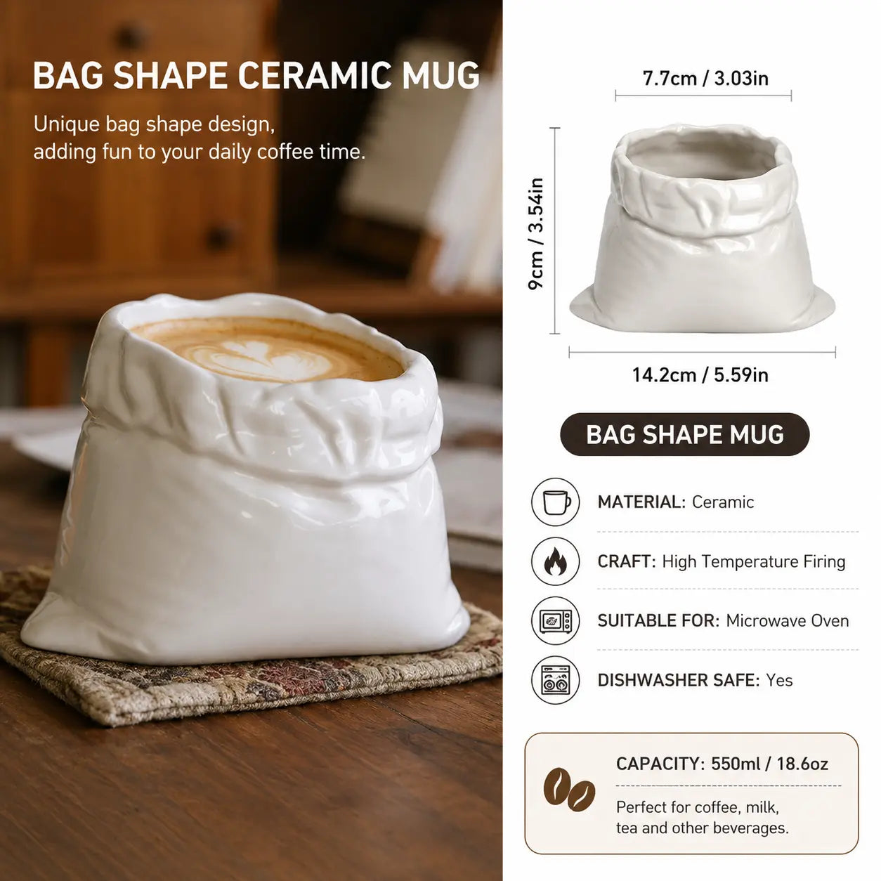 Creative Ceramic Paper Bag Mug Unique Coffee Cup with Glass Straw