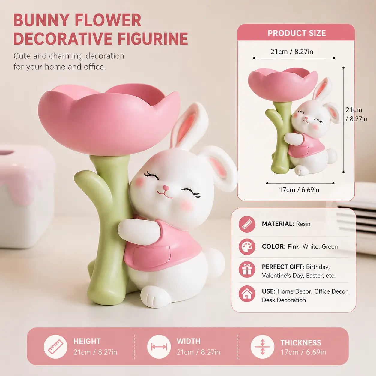 Cute Bunny Flower Decorative Tray Pink Rabbit Storage Bowl