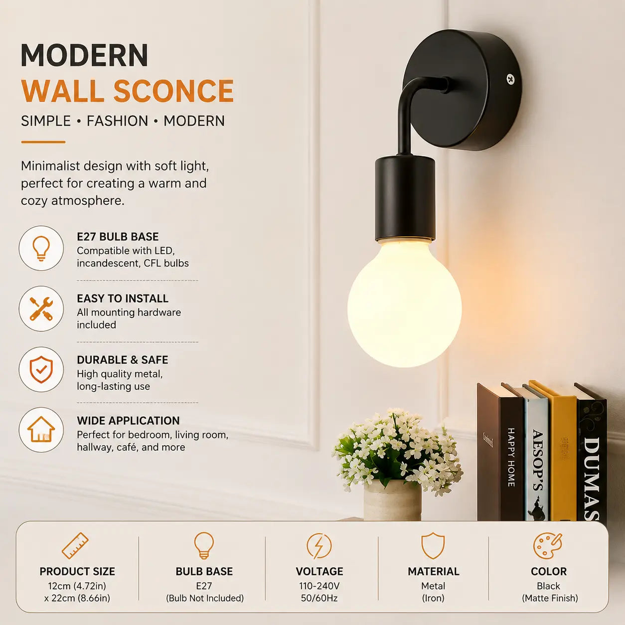 Minimalist Modern Wall Light Black & White Bulb Wall Sconce