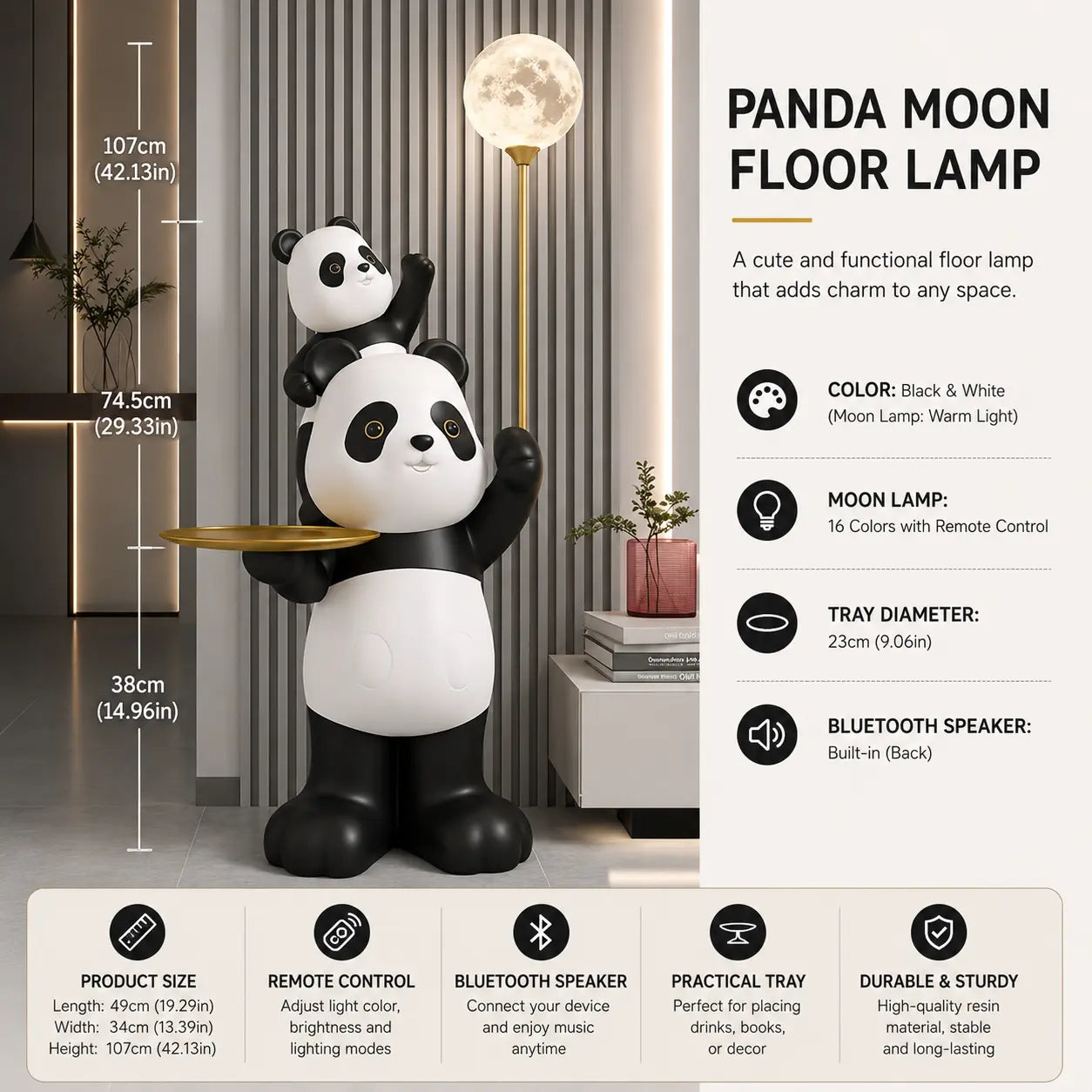 Giant Panda Floor Lamp with Moon Light, Tray & Bluetooth Speaker