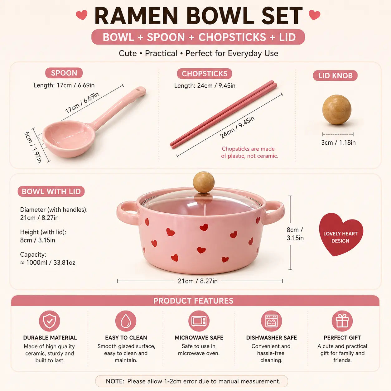 Pink Heart Ceramic Noodle Bowl Set with Lid, Spoon & Chopsticks