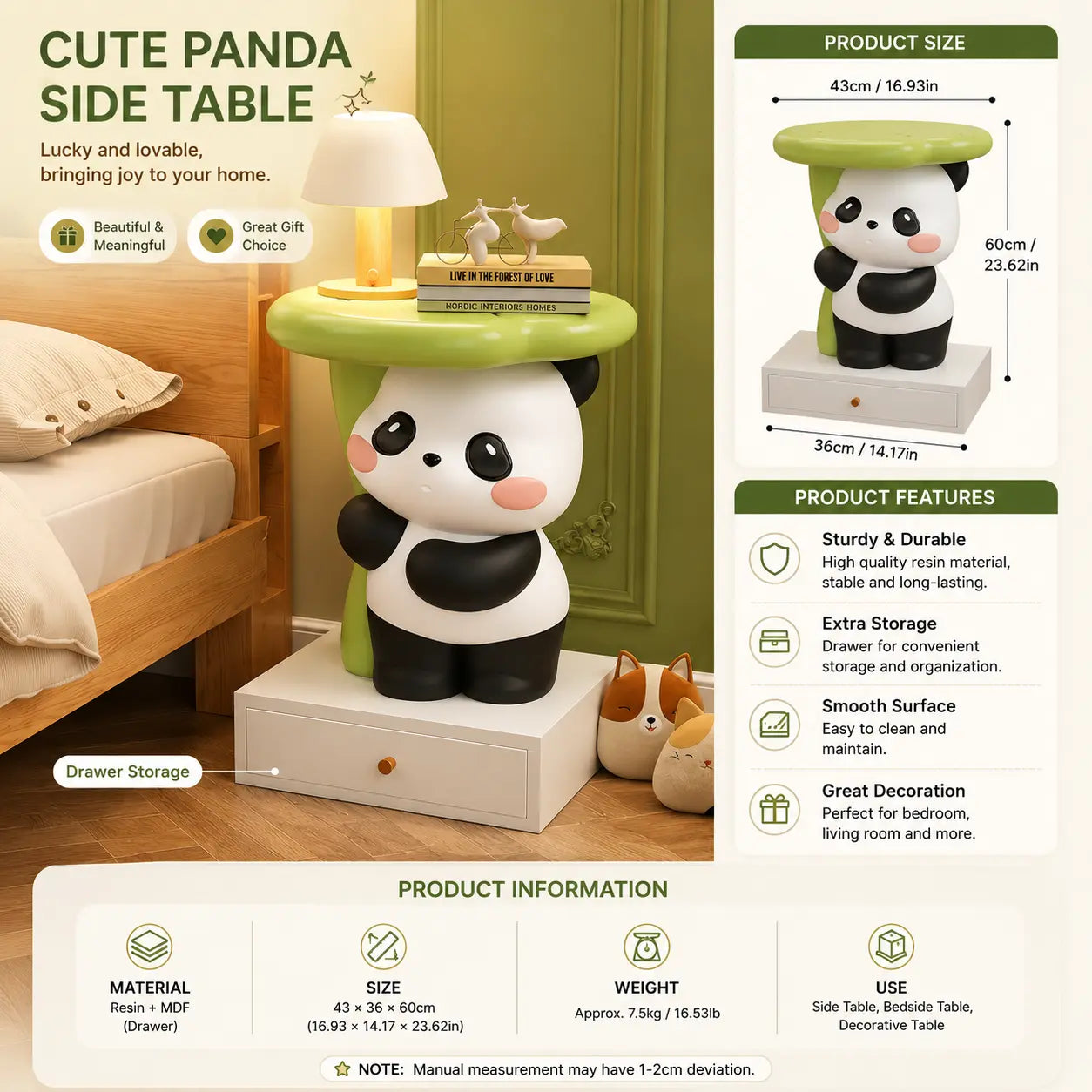Cute Panda Bedside Table with Storage Cartoon Side Table & Nightstand