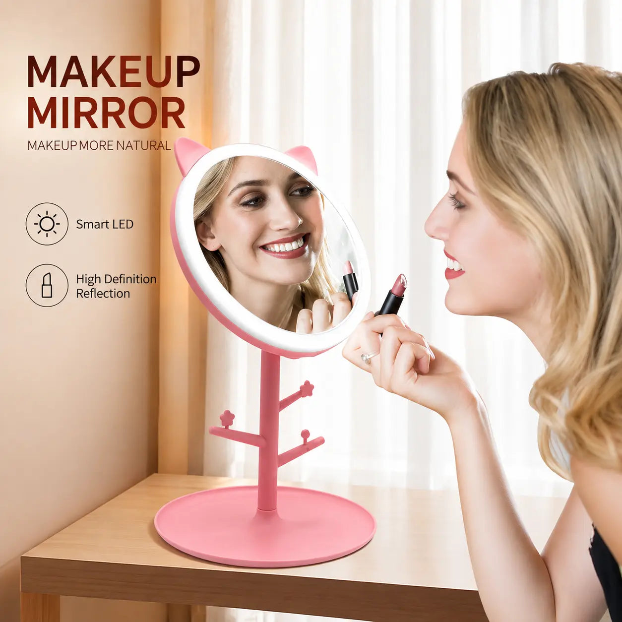 Cute Cat Ear LED Makeup Mirror with Jewelry Holder Stand