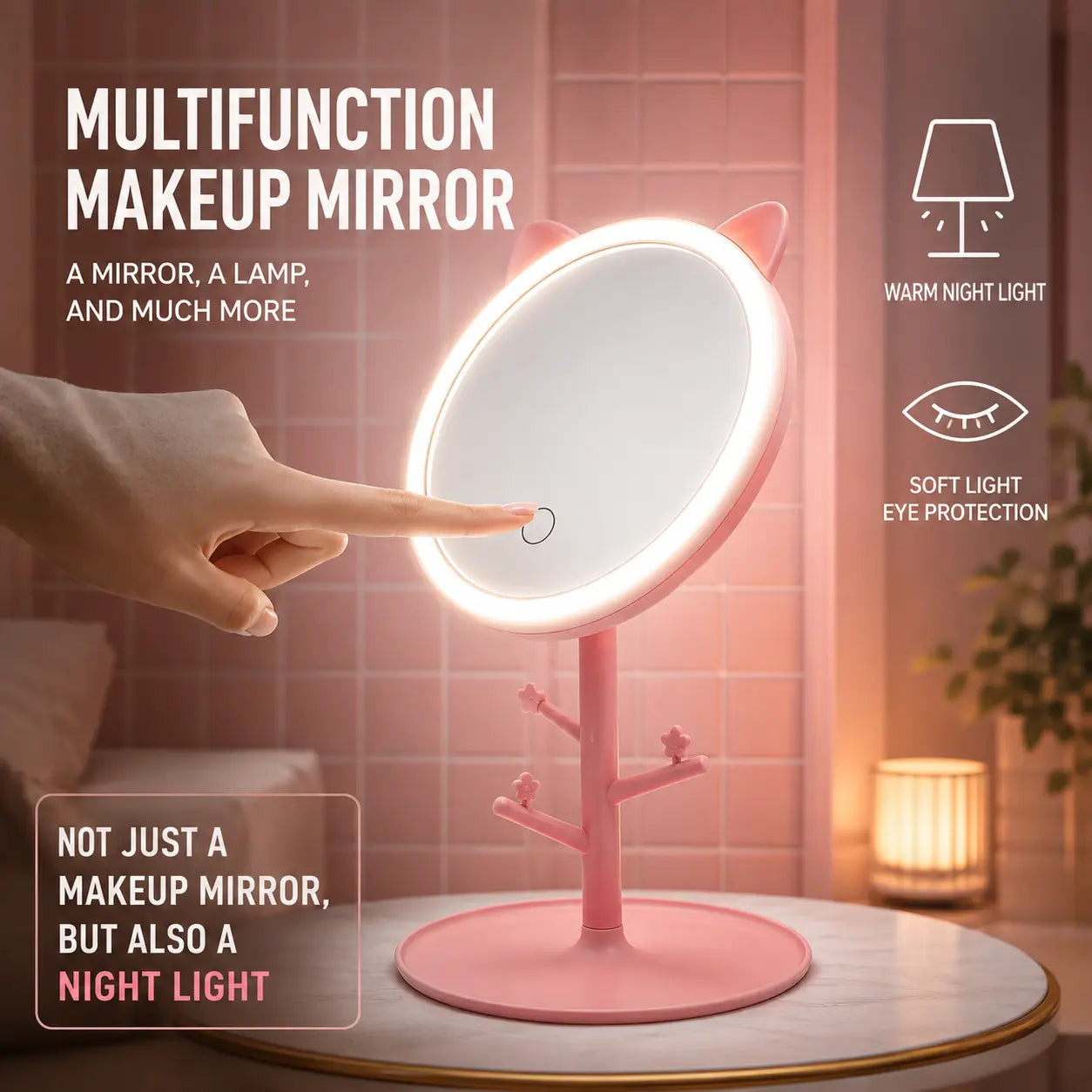Cute Cat Ear LED Makeup Mirror with Jewelry Holder Stand