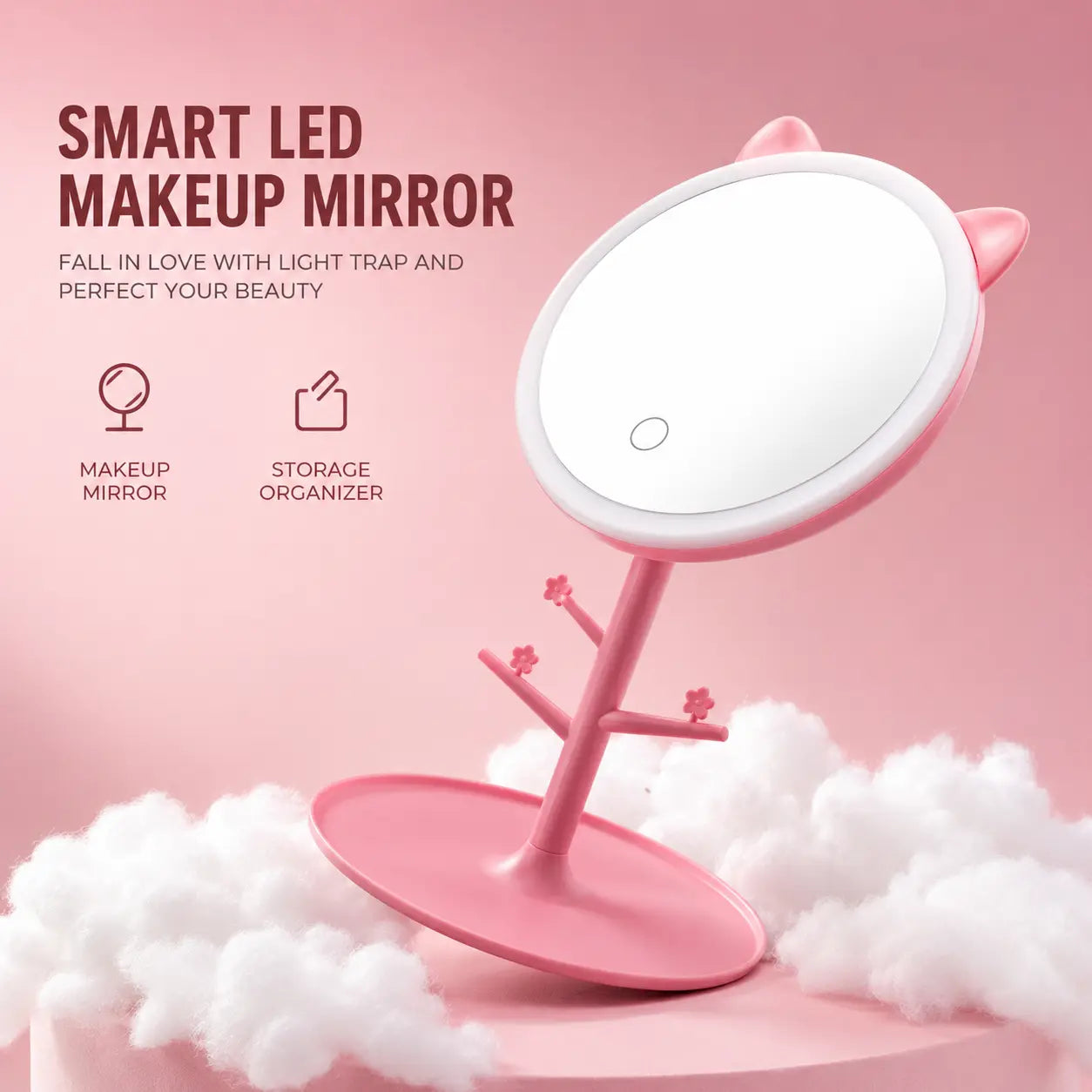 Cute Cat Ear LED Makeup Mirror with Jewelry Holder Stand