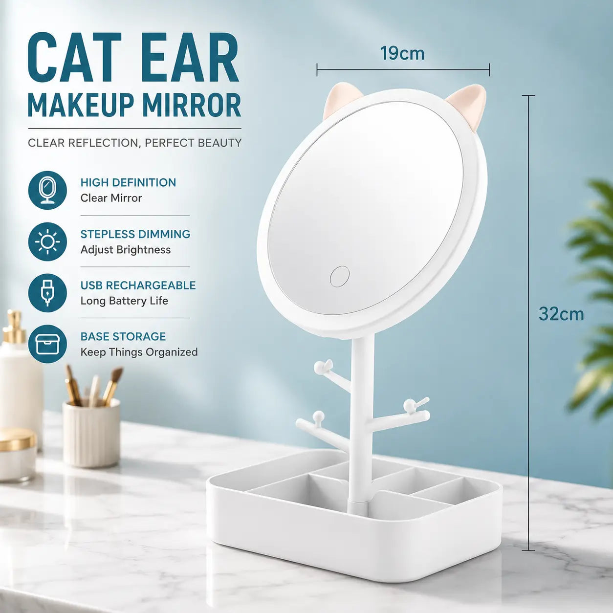 Cat Ear LED Makeup Mirror with Touch Light & Storage Organizer