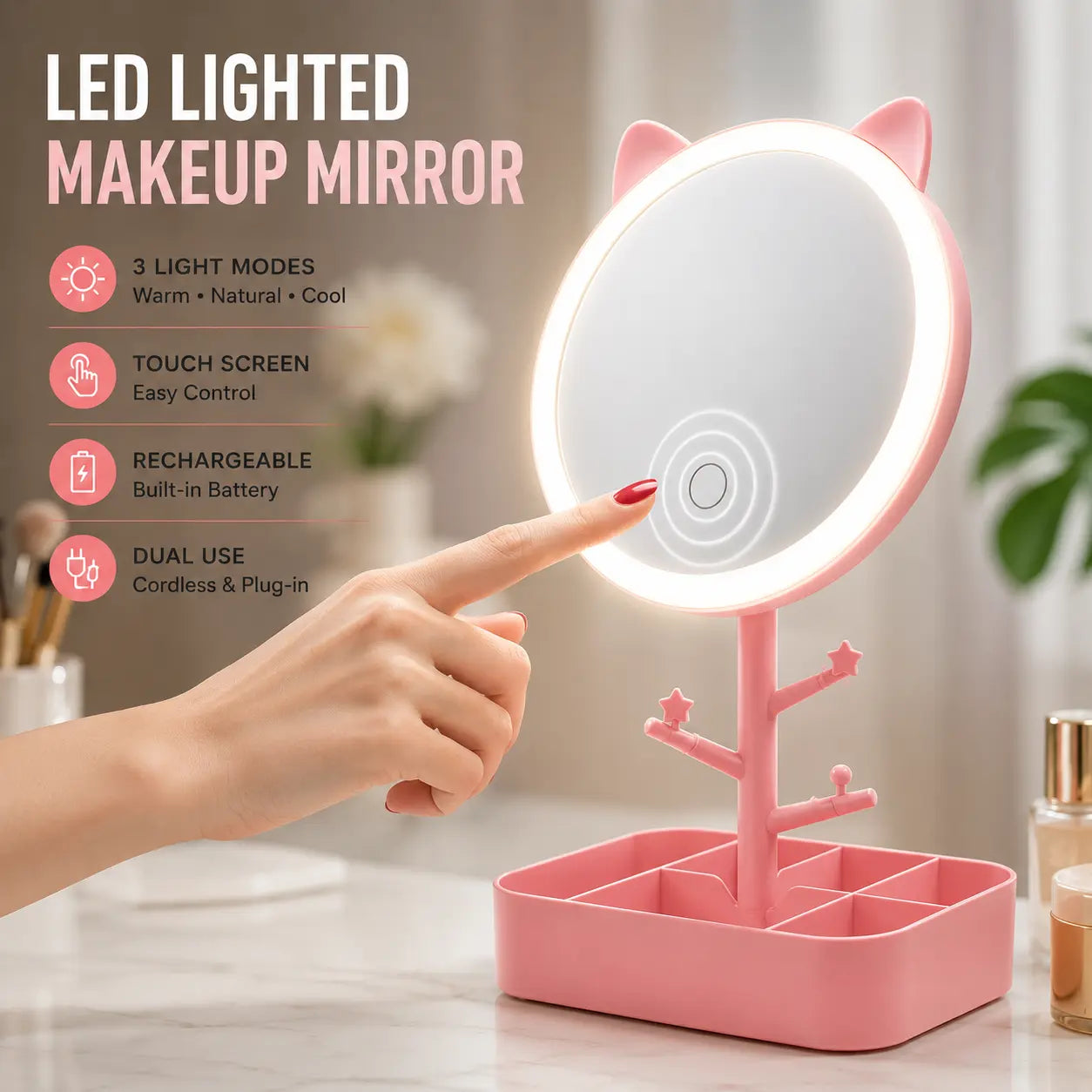 Cat Ear LED Makeup Mirror with Touch Light & Storage Organizer