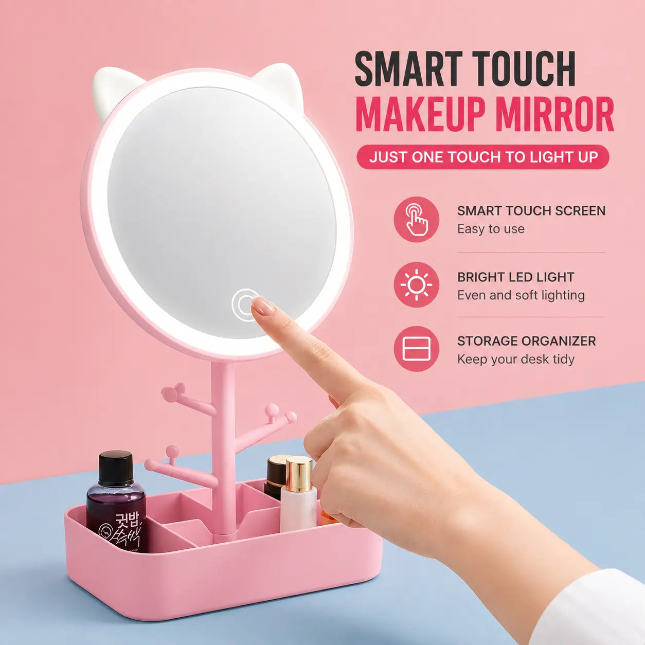 Cat Ear LED Makeup Mirror with Touch Light & Storage Organizer