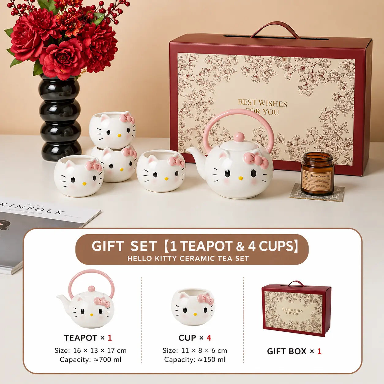 Cute Cat Ceramic Tea Set with Teapot & 4 Cups Gift Box Set