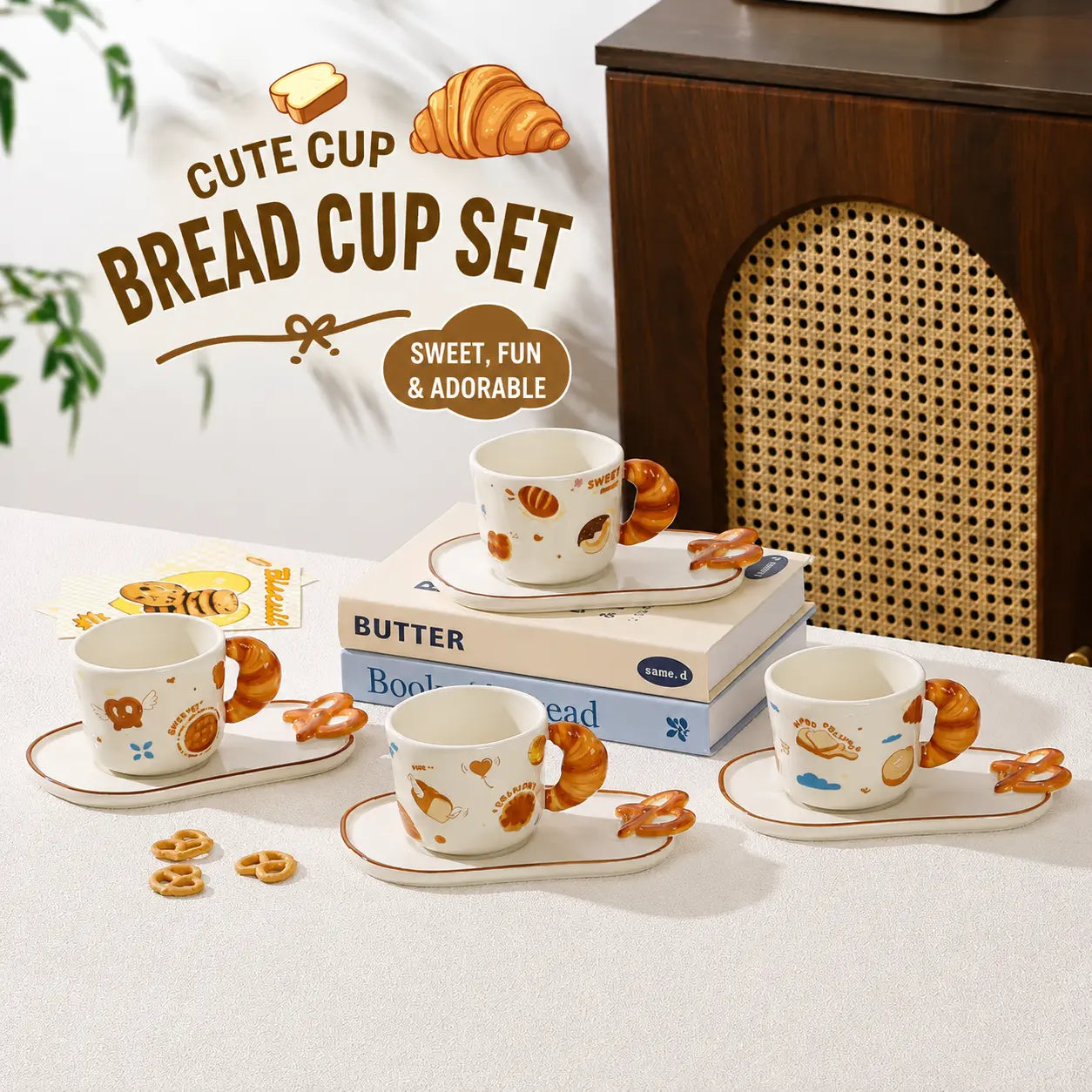 Cute Bread Ceramic Mug & Snack Plate Set Croissant Handle Coffee Cup