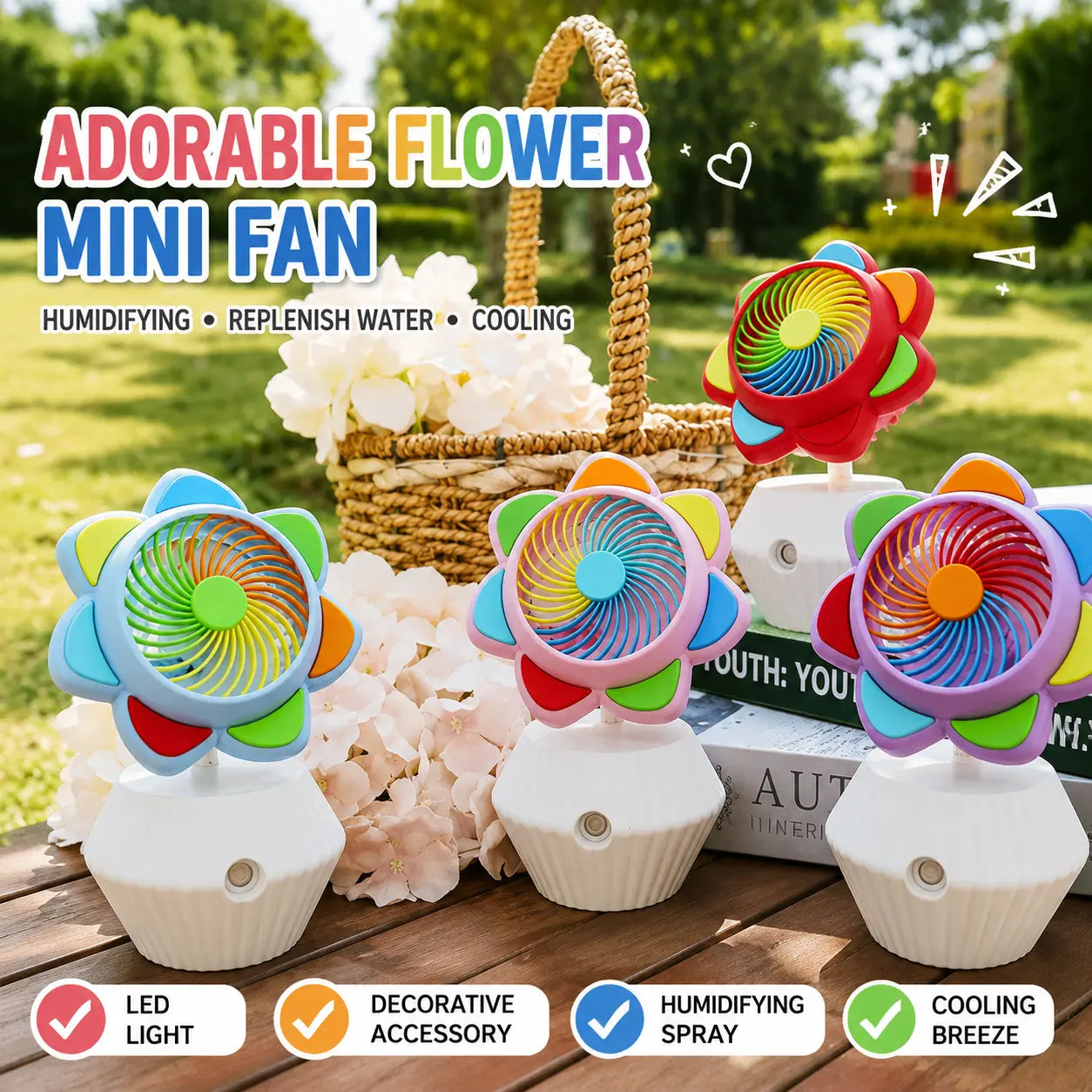 Colorful Flower Mini Portable Fan Humidifying Desktop Cooling Fan