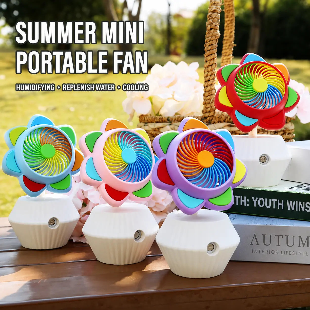 Colorful Flower Mini Portable Fan Humidifying Desktop Cooling Fan