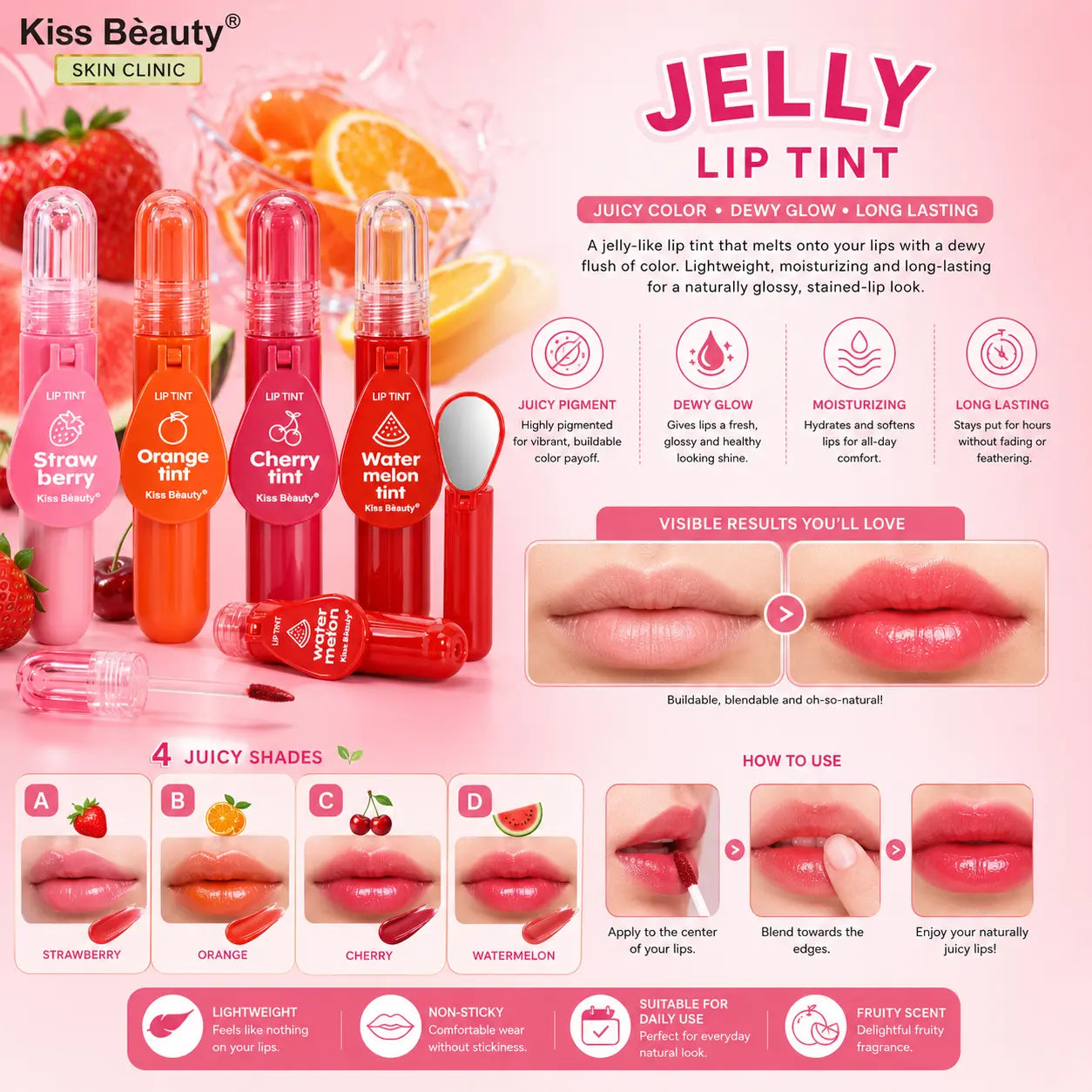 Jelly Lip Tint with Mirror 4 Juicy Shades