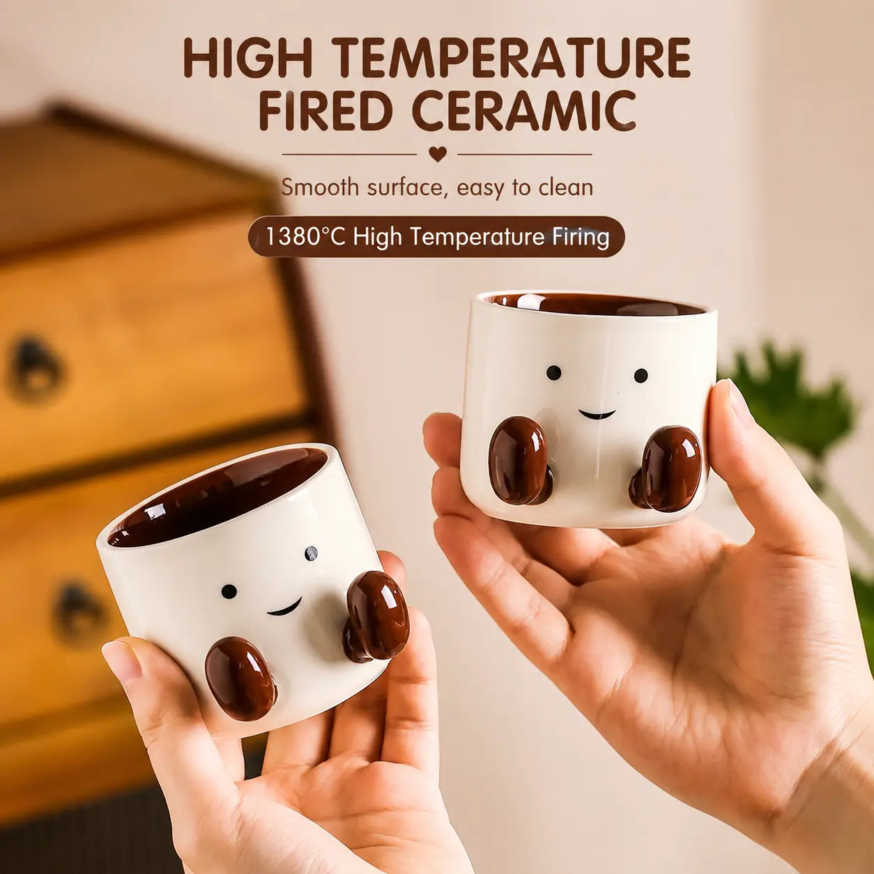 Cute Ceramic Tea Set with 4 Cups, Teapot & Wooden Tray 6 Piece Gift Set