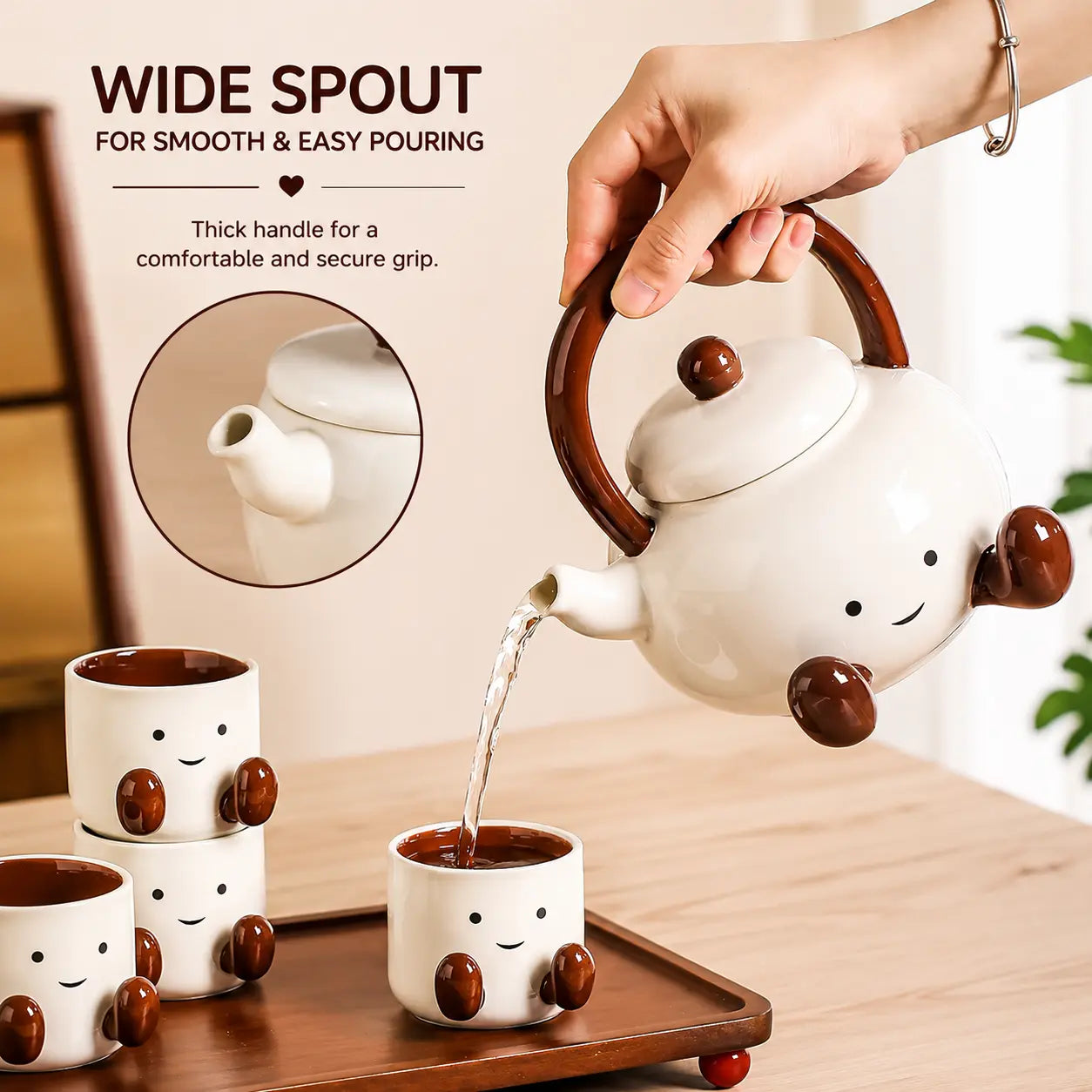 Cute Ceramic Tea Set with 4 Cups, Teapot & Wooden Tray 6 Piece Gift Set