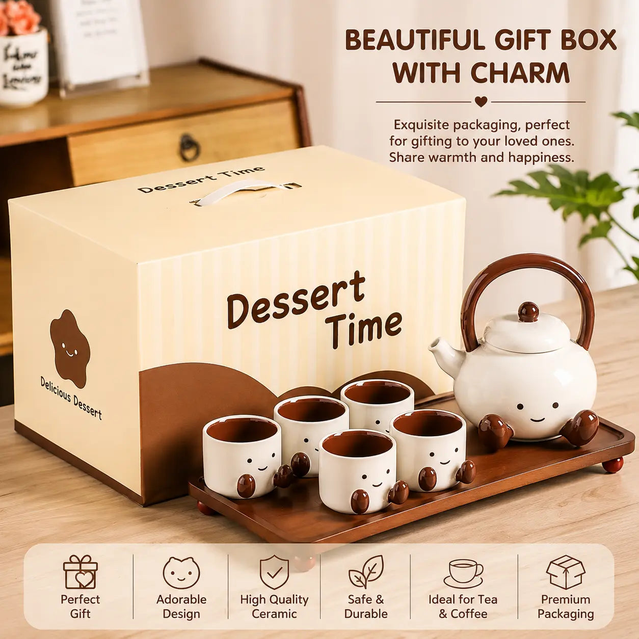 Cute Ceramic Tea Set with 4 Cups, Teapot & Wooden Tray 6 Piece Gift Set