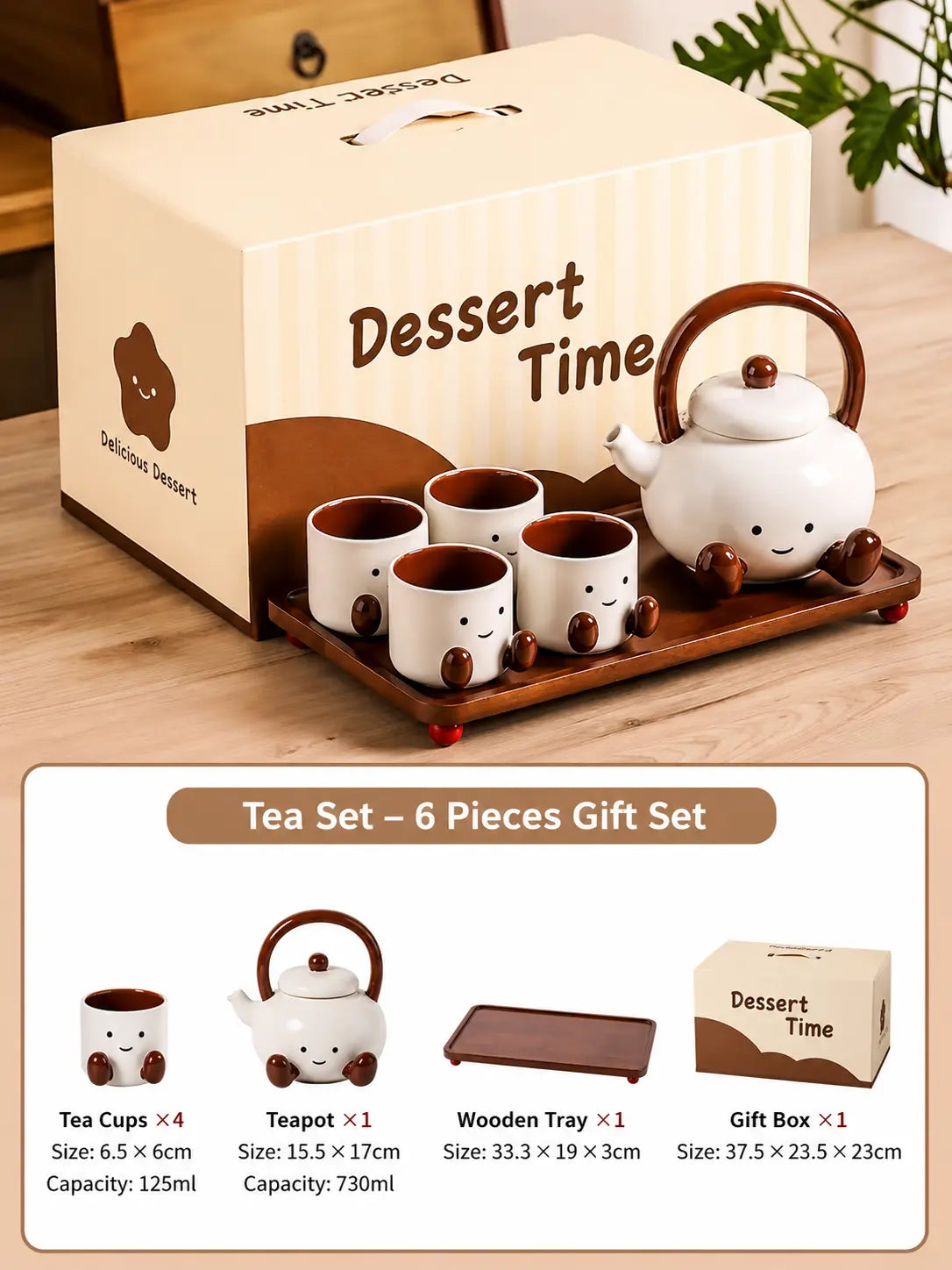 Cute Ceramic Tea Set with 4 Cups, Teapot & Wooden Tray 6 Piece Gift Set