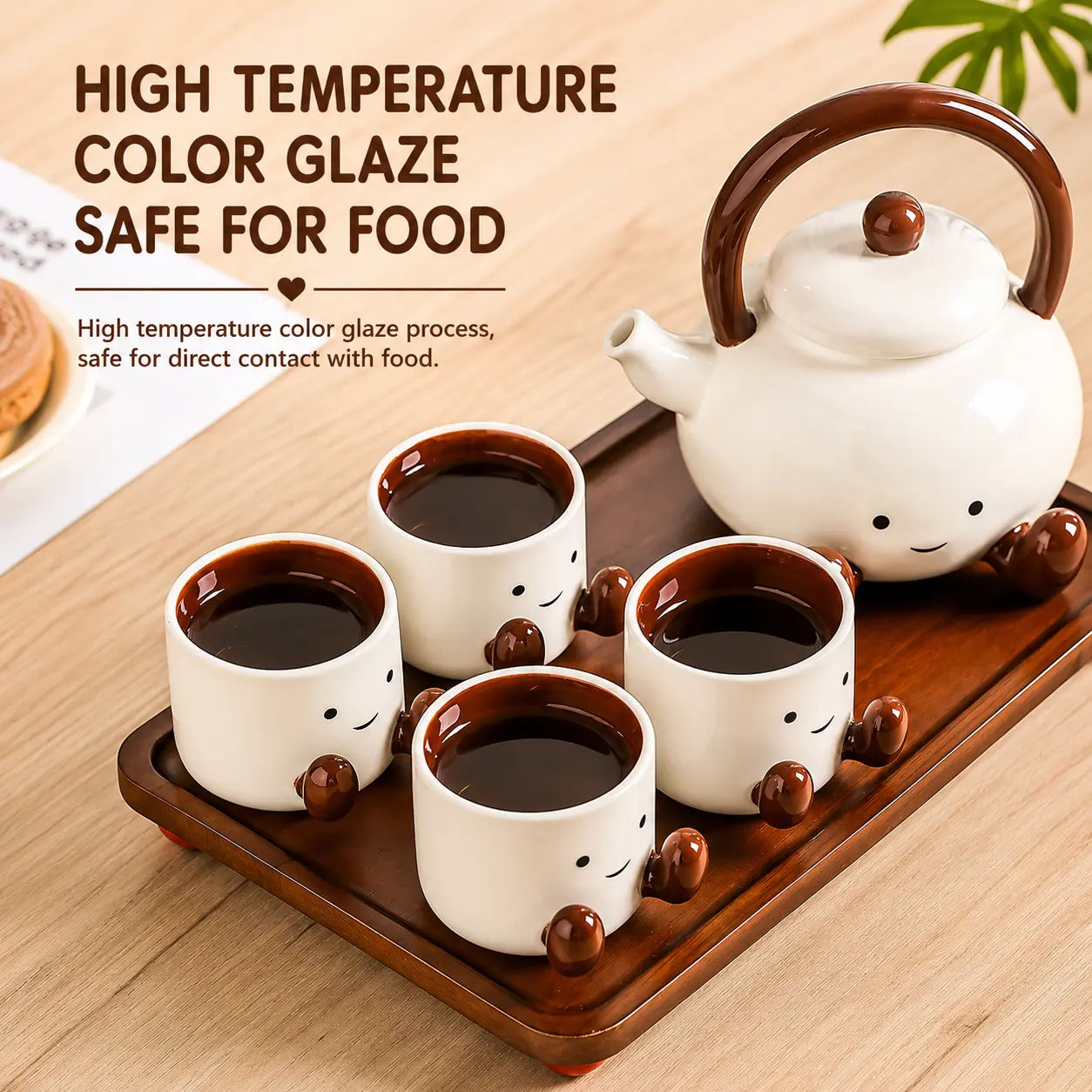 Cute Ceramic Tea Set with 4 Cups, Teapot & Wooden Tray 6 Piece Gift Set