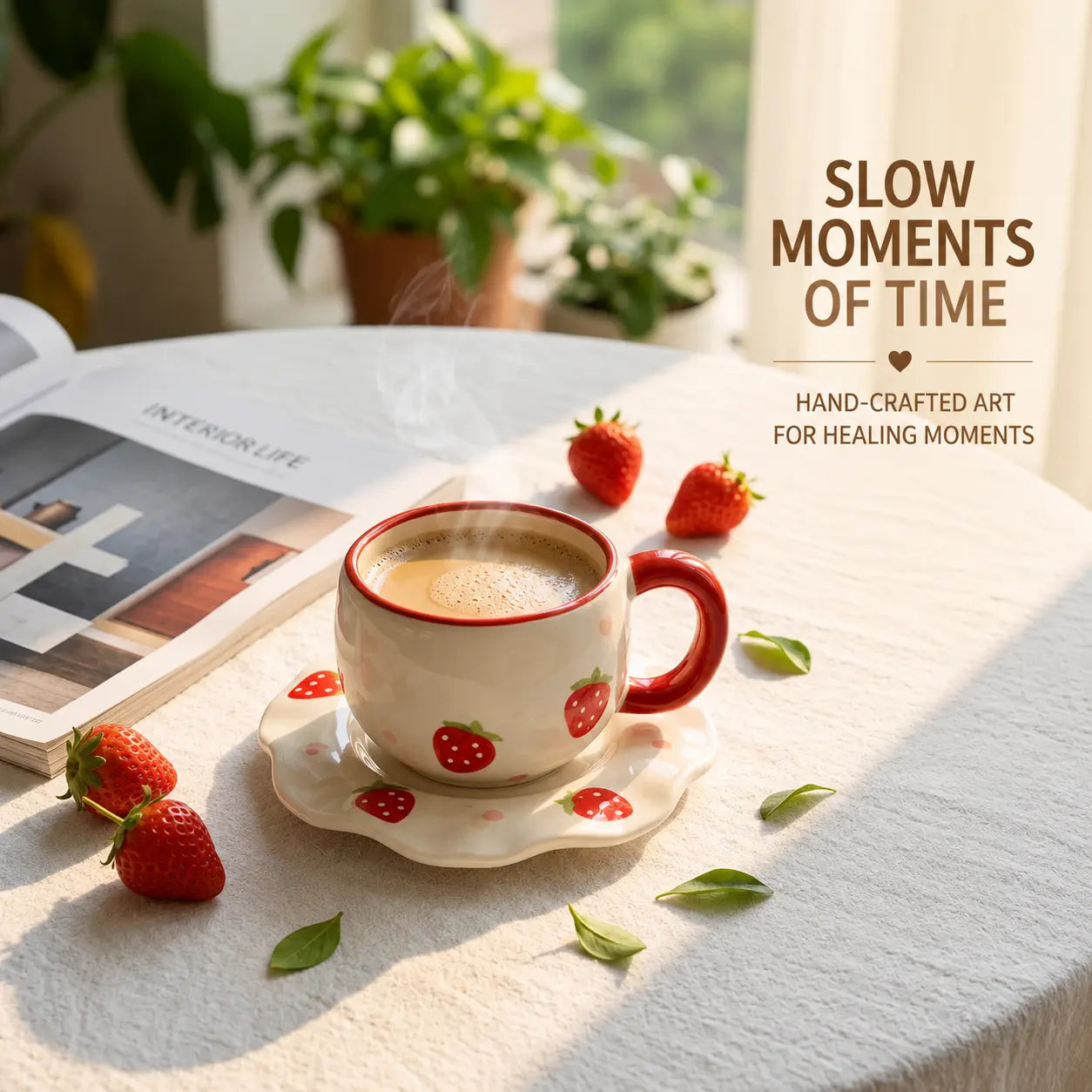 Strawberry Ceramic Coffee Mug with Matching Saucer – 300ml
