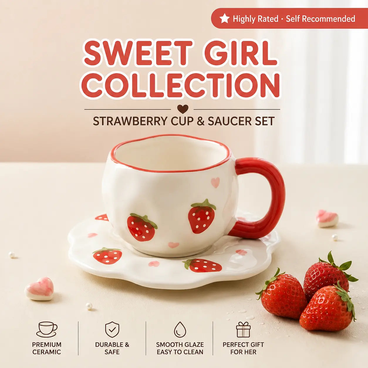 Strawberry Ceramic Coffee Mug with Matching Saucer – 300ml